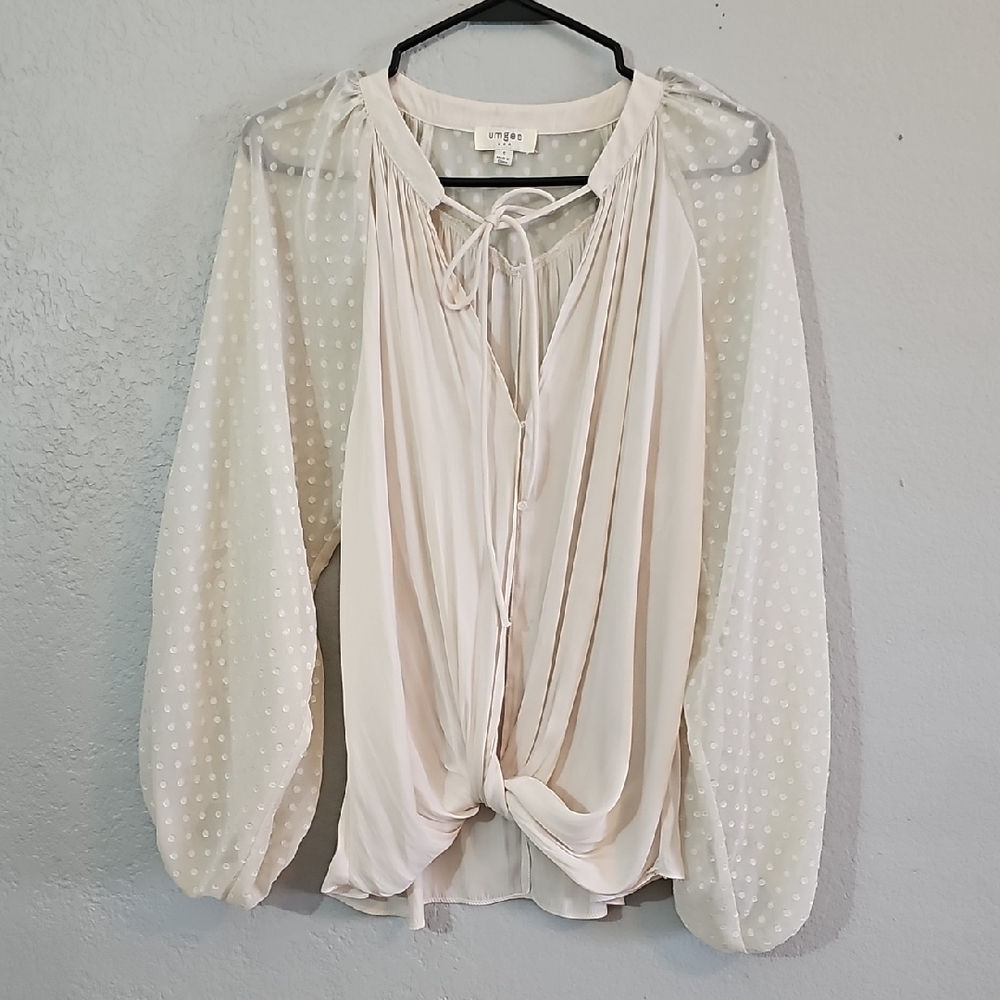 Umgee Cream Blouse Twist Front Sheer Swiss Dot Balloon Sleeves Womens Small - Picture 1 of 8